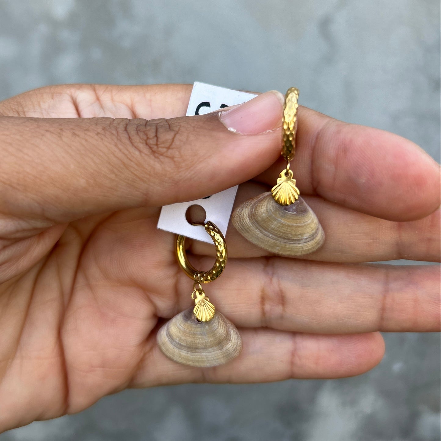 Loop earrings with a Tec Tec Shell Charm with mini golden shell